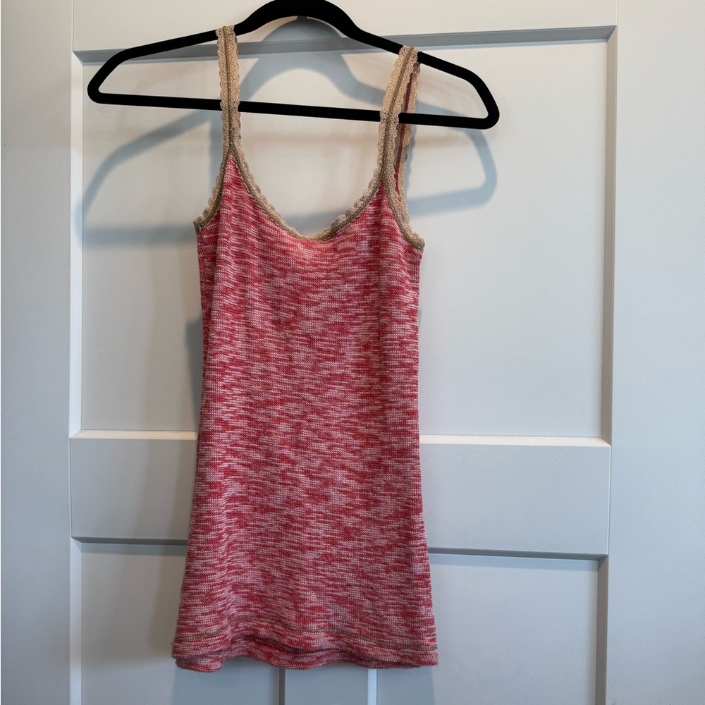 VTG Y2K Free People Red and Tan Lace Cotton Knit Tank Top